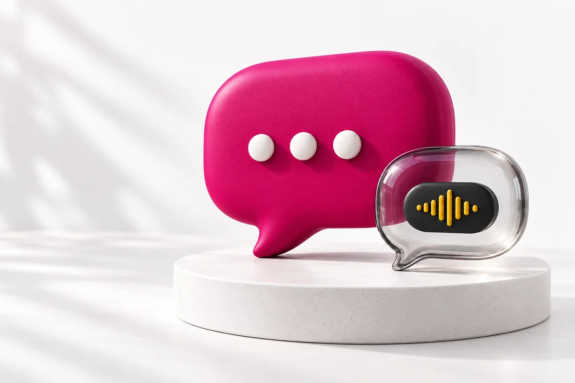 Magenta and glass conversation bubbles representing customer chat and voice assistance.